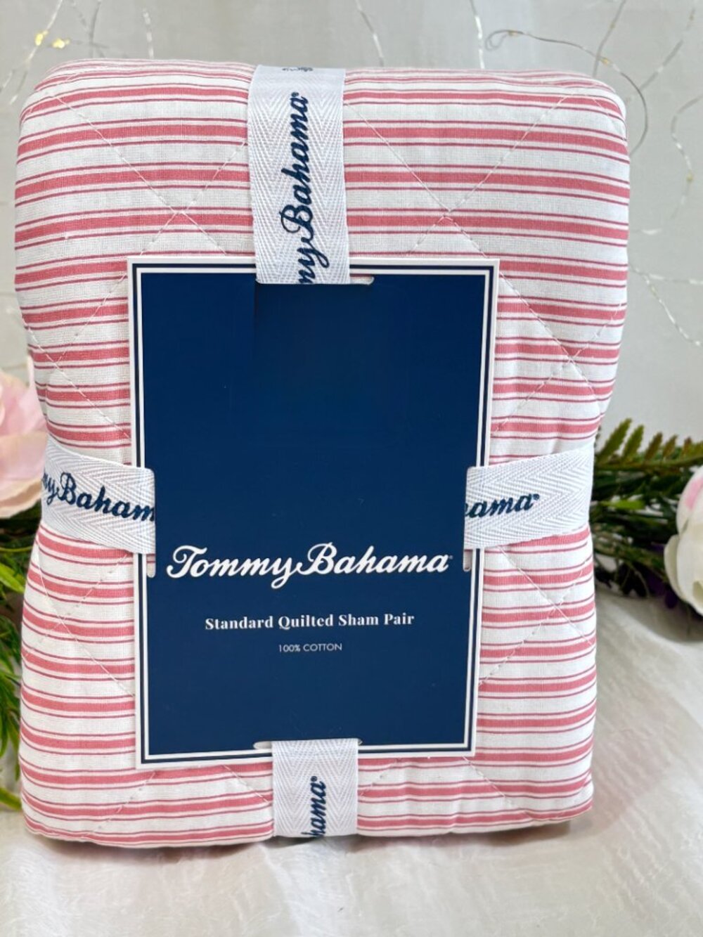 Tommy Bahama STANDARD Quilted Shams 2 PC Set MAKENA STRIPE Red White Cotton NEW